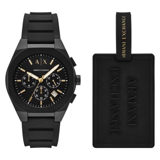 Mens Sync Chronograph Black Silicone Strap Watch & Luggage Tag Gift Set