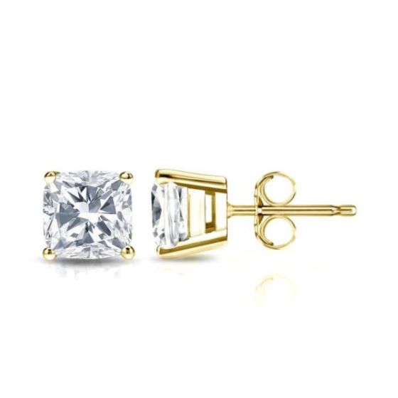 Bright White Pristine Cushion Lab Grown Diamond Stud in 14K Yellow Gold 1.30ct, Color-GH,Clarity-VS