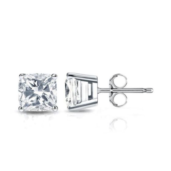 Bright White Pinnacle Cushion Lab Grown Diamond Stud in 14K White Gold 1.50ct,Color-GH,Clarity-VVS