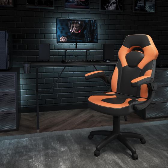 Black/Orange Gaming Desk Set with Cup Holder, Headphone Hook, and Monitor Stand