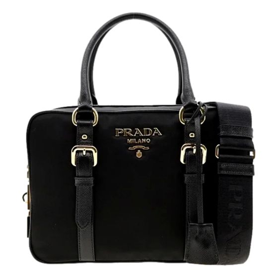 Prada Bauletto Tessuto Nylon Saffiano Black Satchel Bag Gold Lock