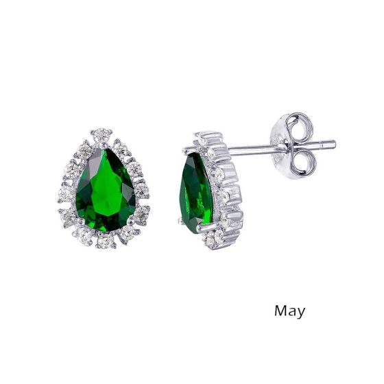 PARIKHS Rhodium Plated Teardrop Halo CZ May Birthstone Earring in 925 Sterling Silver