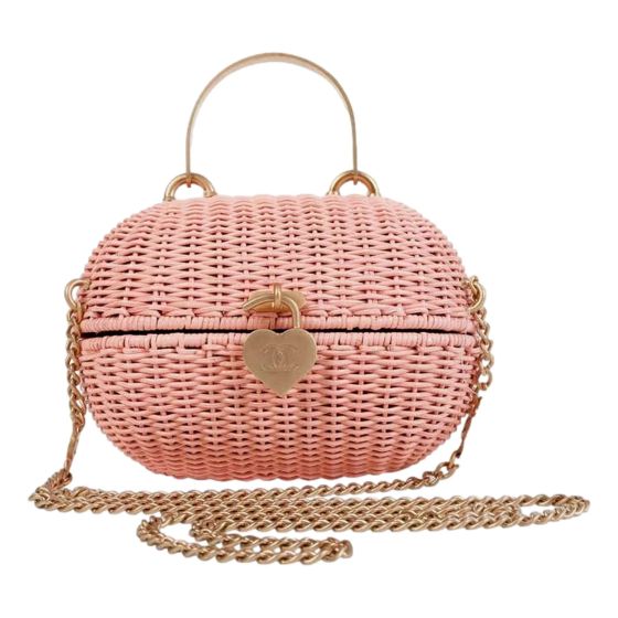 Chanel Pink Wicker Straw Heart Closure Two-Way Handle Crossbody Bag