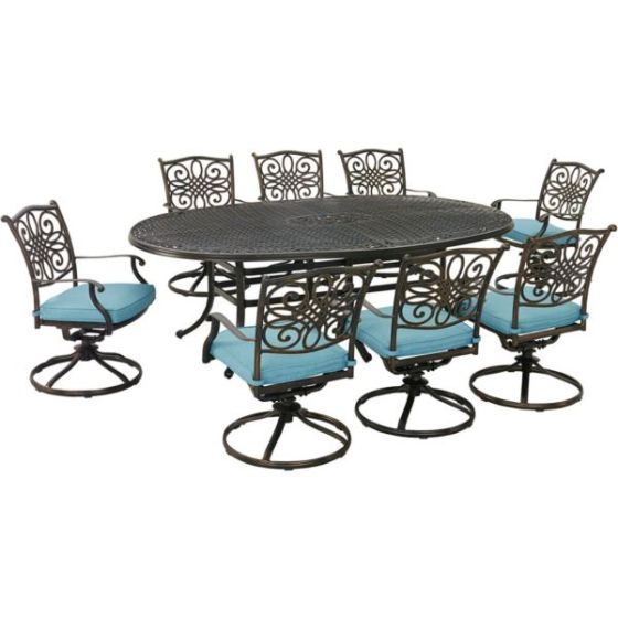 Traditions 9-Piece Dining Set in Blue with 8 Swivel Rockers and 95-in. x 60-in. Oval Cast-Top Dining