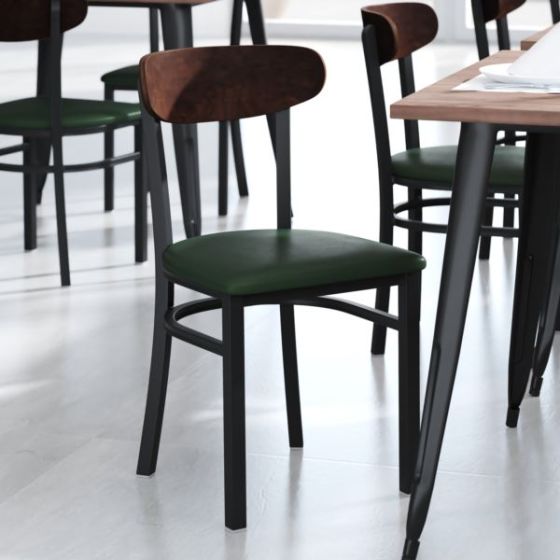 Commercial Metal Dining Chair with Vinyl Seat - Wood Boomerang Back-Green/Walnut