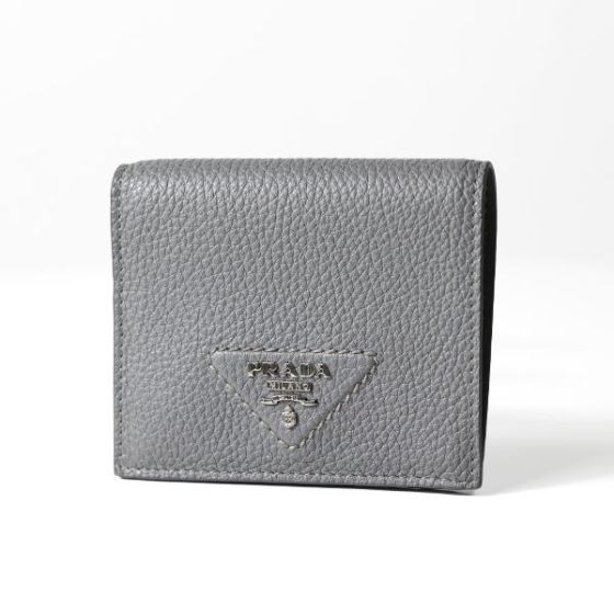 Prada Marmo Marble Grey Vitello Daino Leather Silver Triangle Logo Bifold Wallet