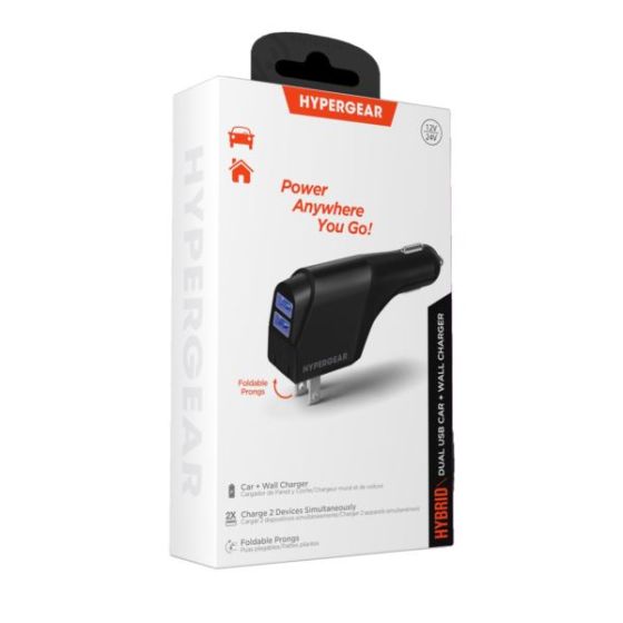 HyperGear 2-in-1 10W Dual USB Car & Wall Charger with Self-Storing Prongs