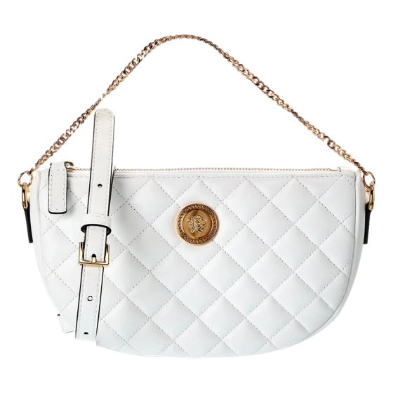 Versace La Medusa Half Moon Quilted Nappa Leather White Crossbody Bag