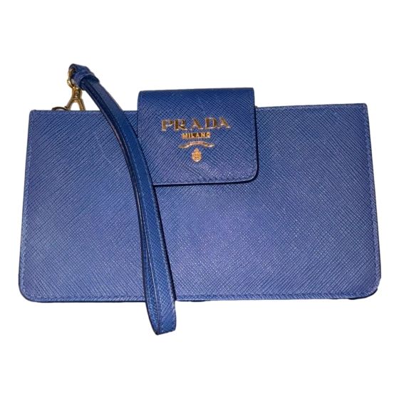 Prada Saffiano Leather Blue Wristlet Clutch Wallet