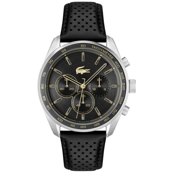 Lacoste Boston Gents. Stainless Steel Case, Black Aluminum bezel. Black Leather Strap. Black Dial