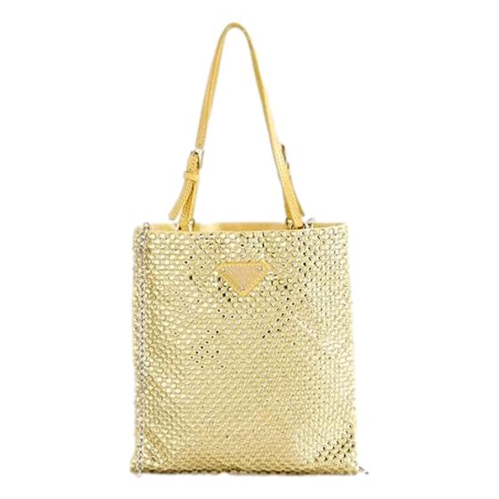 Prada Mini Satin Crystal Embellished Double Handle Crossbody Handbag Yellow