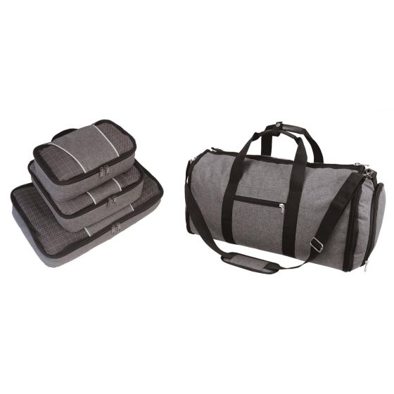 Heather Grey 4 PC Set -  Convertible Duffel /Garment Bag & 3 Pc Packing Cube