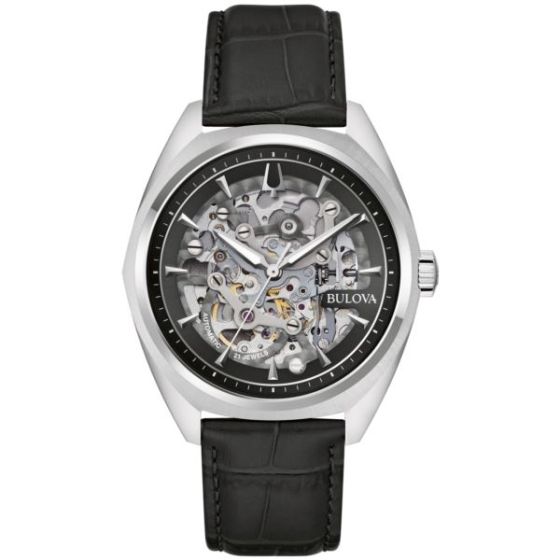 Men's Surveyor Automatic Black Leather Strap Watch Silver Skeleton Dial