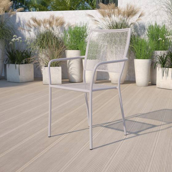 Light Gray Indoor-Outdoor Steel Patio Arm Chair with Square Back - Bistro Chair