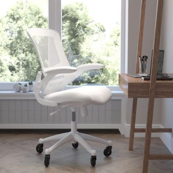 Ergonomic Swivel Task Chair with Roller Wheels & Flip Up Arms - White Mesh