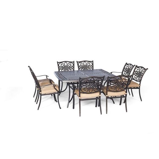 Traditions 9-Piece Square Dining Set in Tan with a Large 60 x 60 in. Cast-top Dining Table