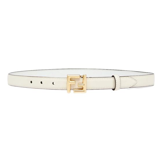 Fendi FF Logo Gold Tone Buckle White Leather Skinny Belt 80