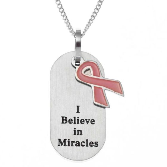 Joyful Sentiments I Believe Dog Tag With Pink Ribbon Pendant Necklace