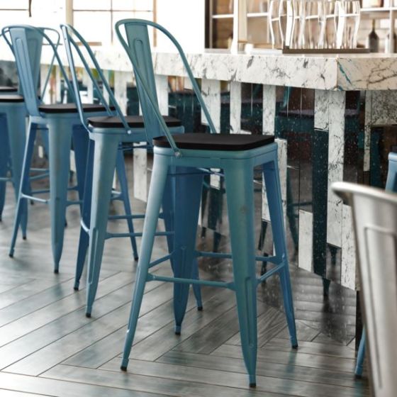 All-Weather Bar Height Stool with Poly Resin Seat - Kelly-Blue Teal/Black