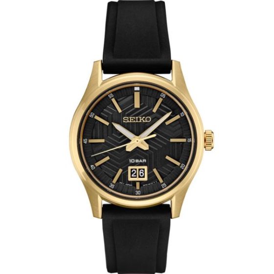 Seiko Essentials SGP Analog Black Textured Dial, Gold bezel, Black silicone strap