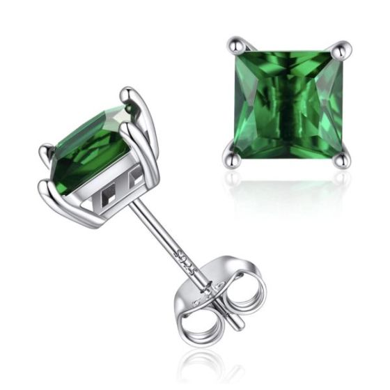 Sterling Silver Green Square Studs