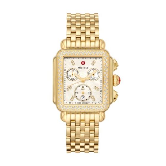 Ladies Deco Gold-Tone 18k Gold Diamond Watch Mother-of-Pearl Dial