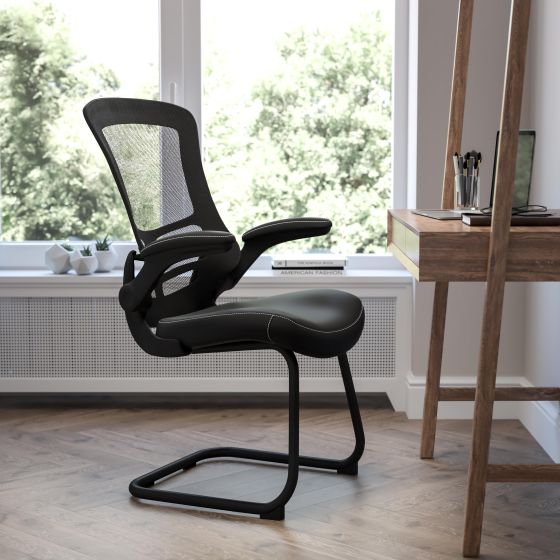 Black Mesh Sled Base Side Reception Chair with LeatherSoft Seat and Flip-Up Arms