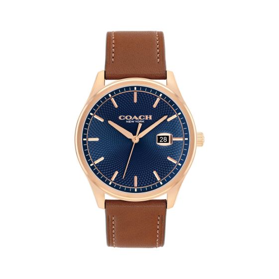 Mens Oliver Rose Gold & Saddle Brown Leather Strap Watch Blue Dial