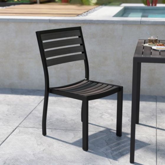Set of 2 Outdoor Faux Teak Side Chairs with Gray Wash Poly Slats - Patio Chairs