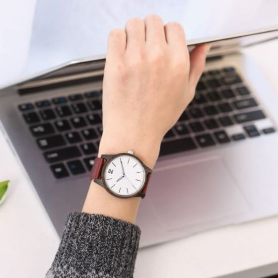 Arctic  Dark Sandalwood // White Face Wooden Watch, Leather