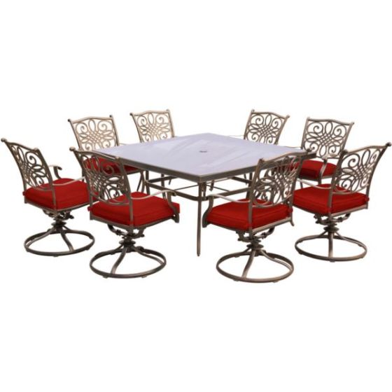 Traditions 9-Piece Dining Set in Red with a 60 In. Square Glass-Top Dining Table