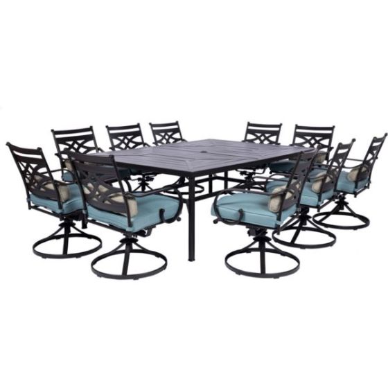 Montclair 11-Piece Dining Set in Ocean Blue with 10 Swivel Rockers and a 60-In. x 84-In. Table