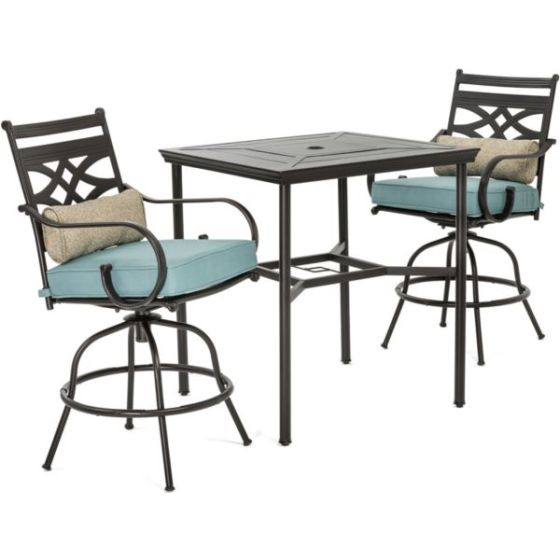 Montclair 3-Piece High-Dining Set in Ocean Blue with 2 Swivel Chairs and a 33-Inch Square Table