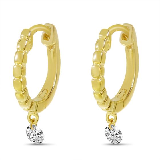 14K Yellow Gold .16 cwt. Dangle Diamonds Huggie Hoop Earrings