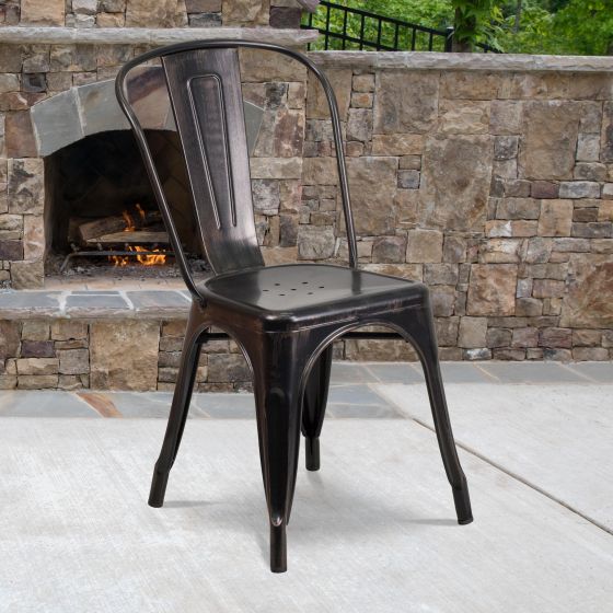 Black-Antique Gold Metal Indoor-Outdoor Stackable Chair - Restaurant Chair