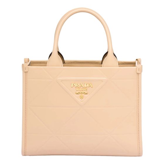 Prada Symbole Soft Calfskin Leather Sabbia Sand Triangle Quilted Mini Tote Bag