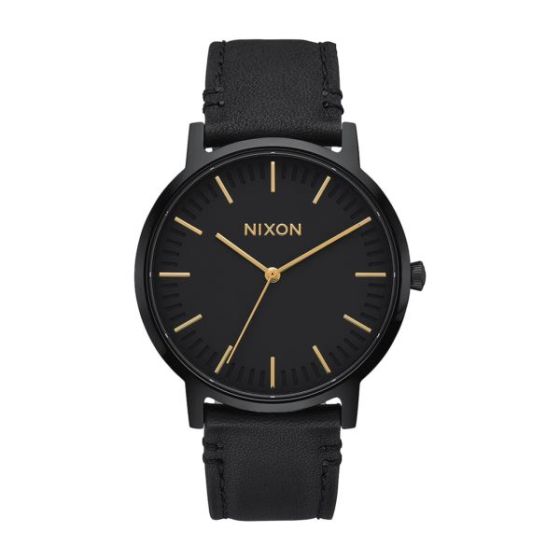 Men's Porter Black Leather Strap Watch Black Dial