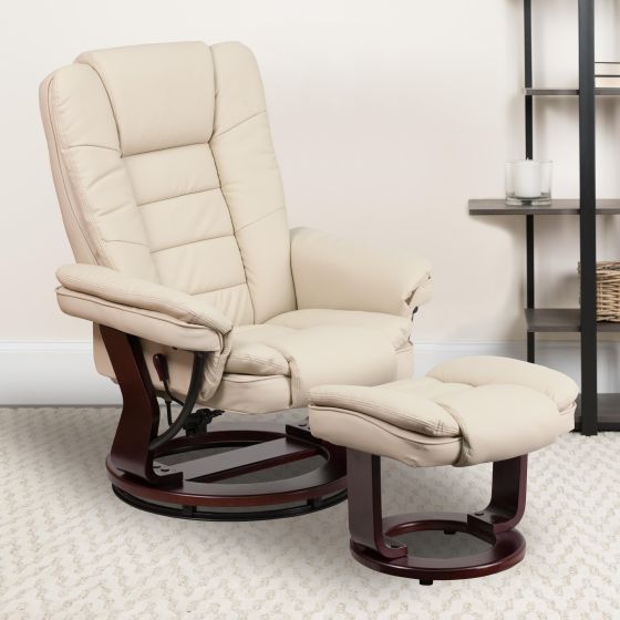 Beige LeatherSoft Multi-Position Recliner &Ottoman w/Swivel Mahogany Wood Base
