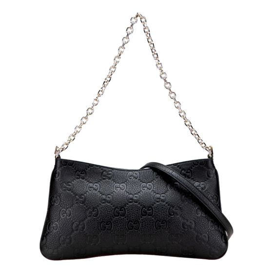Gucci GG Emblem Black Leather Shoulder Bag Chain Strap