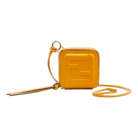 Fendi FF Cube Embossed Small Zip Wallet Yellow Leather with Strap