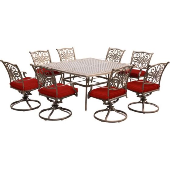 Traditions 9-Piece Dining Set in Red with Eight Swivel Rockers and a Large 60 In. Cast-top Square Ta