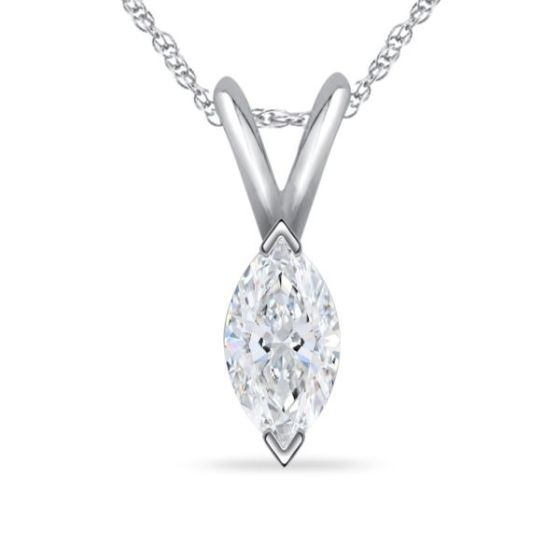 Bright White Pinnacle Marquise Lab Grown Diamond Pendant with chain in 14K White Gold 0.08ct,GH,VVS