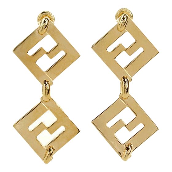 Fendi Forever Gold Tone Metal FF Dangle Stud Earrings