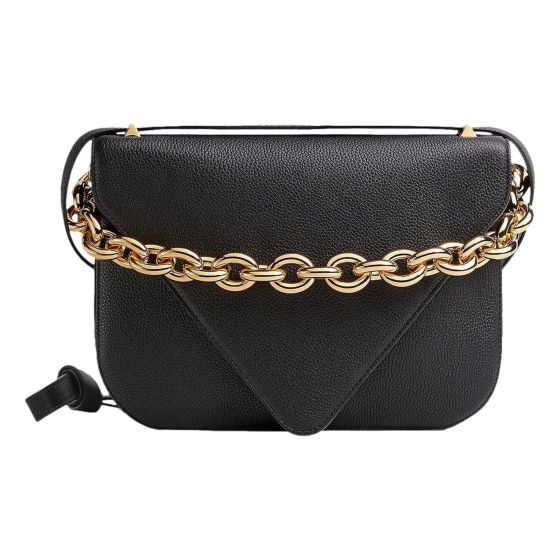 Bottega Veneta Mount Medium Envelope Black Leather Shoulder Bag Gold Chain