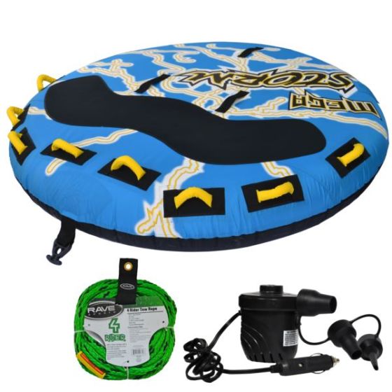 RAVE Sports - Mega Storm Towable, 1-Section 4-Rider Tow Rope, & High Pressure DC12V Electric Pump