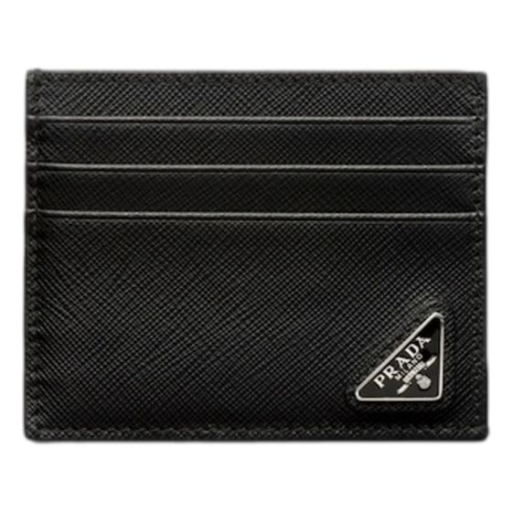 Prada Saffiano Mens Credit Card Wallet Black Nero Silver Triangle Enamel Logo