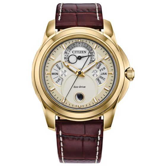 Men's Calendrier Leather Strap watch, Gold-Tone dial