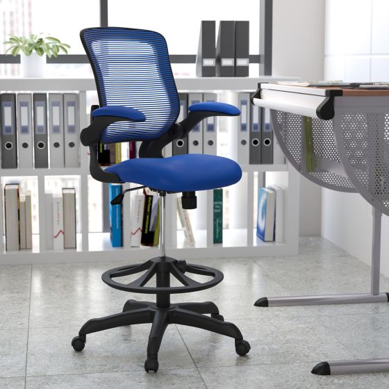 Mid-Back Blue Mesh Ergonomic Drafting Chair with Foot Ring and Flip-Up Arms