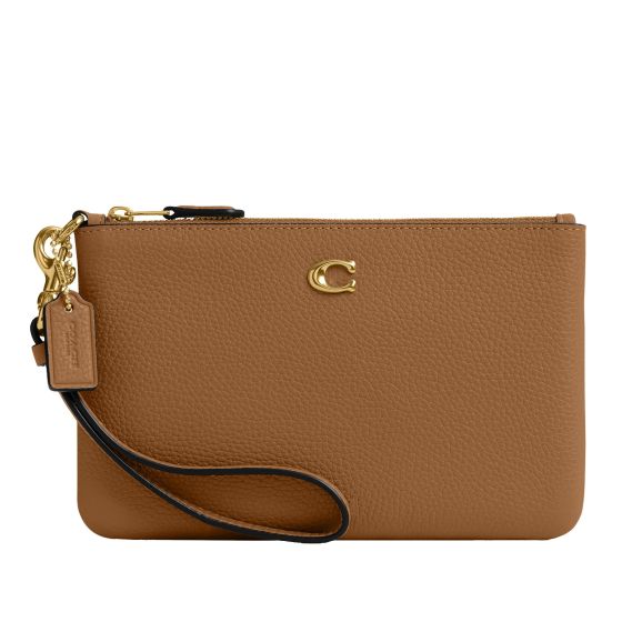 Polished Pebble Leather Small Wristlet - Honey/Brass