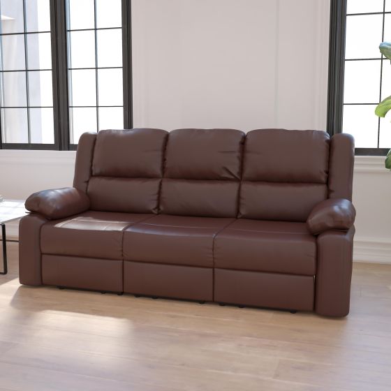 Contemporary Brown LeatherSoft Plush Pillow Back Sofa w/Two Built-In Recliners
